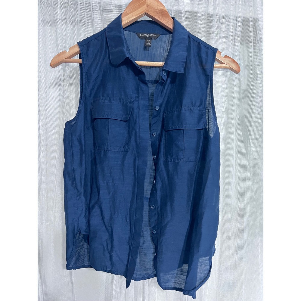 Banana Republic Womens Petite Small Navy Blue Sleeveless Button Down Utility Top